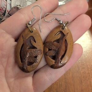 Wooden Bird Carved Earrings
